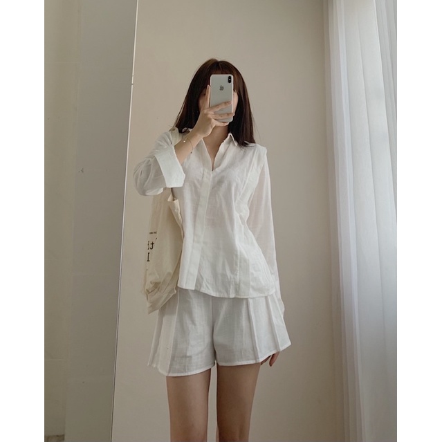 Set sơ mi dài tay kèm quần short, set linen ba màu có khóa kéo 989