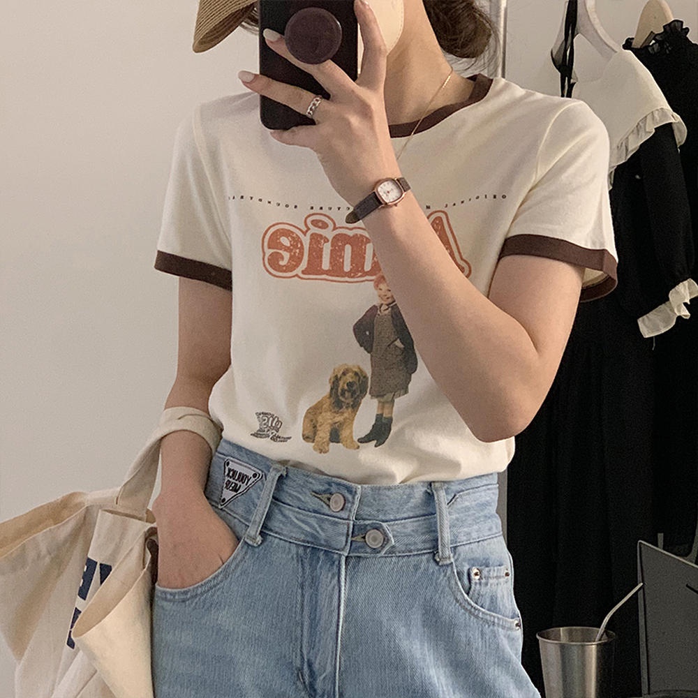 Áo Thun Tay Ngắn Cổ Tròn Màu Sắc Tương Phản Phong Cách Retro Thời Trang Mùa Hè 50370