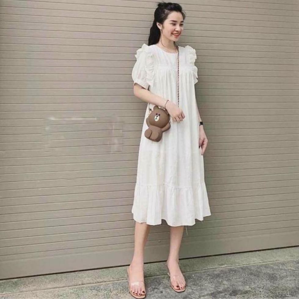 Váy bầu công sở - Đầm bầu đẹp màu trắng chất đũi hàn freesize tới 70kg BN40 - Meemom new