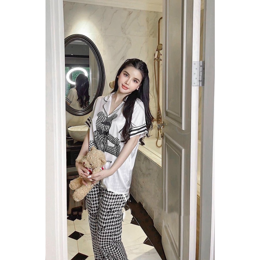 pijama cộc dài gấu - bộ ngủ mặc nhà cộc dài quảng châu- chất lụa cao cấp xịn