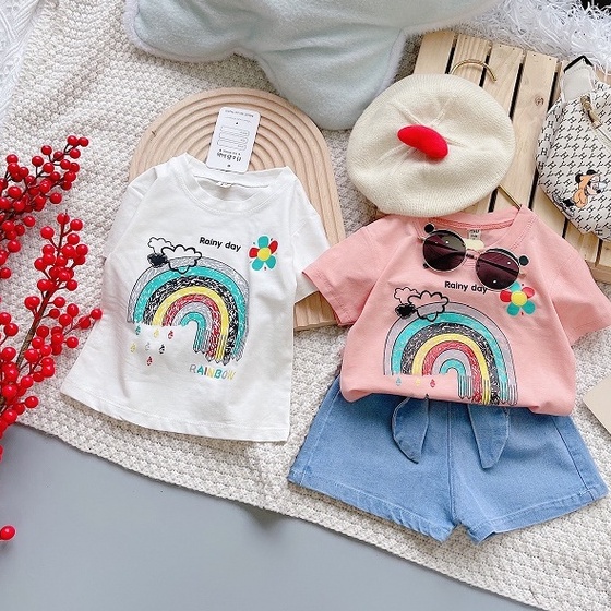 Set Áo Cotton Tàu In Họa Tiết Cầu Vồng Kèm Quần Jean Cho Bé Gái MINTSCLOSET Size 2- 5 tuổi - GA2019