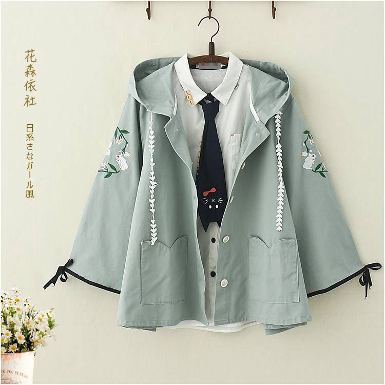 ✨Áo Khoác Cardigan Có Mũ Trùm Đầu Bằng Vải Cotton Nguyên Chất Thêu Hình Hoa Thỏ Phong Cách Preppy Nhật Bản Dễ Phối Đồ Cho Nữ Sinh
