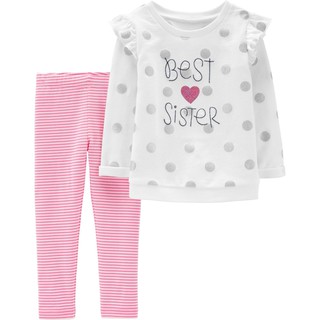Bộ Carter bé gái đính kim sa kèm quần legging sọc hồng Set thun da cá bé gái đính kim sa kèm quần legging sọc hồng