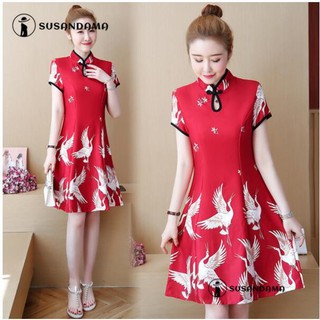 Đầm sườn xám cách tân in họa tiết phong cách retro