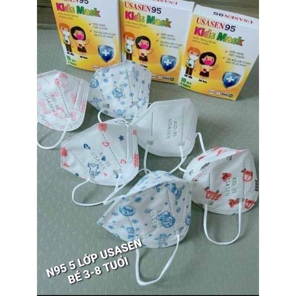 {Hộp 10 cái}Khẩu Trang N95 Trẻ em, 4 Lớp  Usasen, Họa Tiết Hình Thú Và Trắng Trơn. Bé 3-8 Tuổi( có chứng từ)