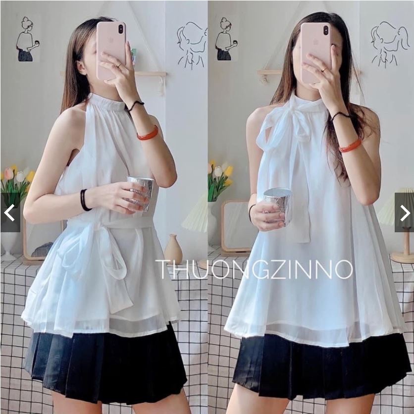 Áo Kiểu Nữ Chất Voan Trắng Cổ Yếm Hở Vai Phong Cách Nhẹ Nhàng Mẫu Hot 2022