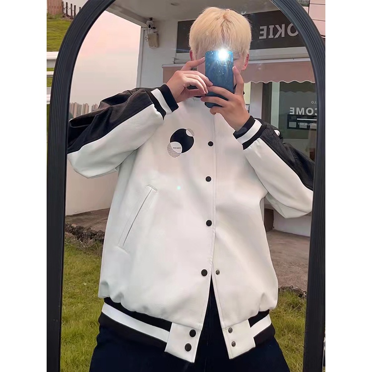 Áo khoác bóng chày bằng da PU phong cách đường phố cá tính thời trang Mỹ cho nam leather jacket