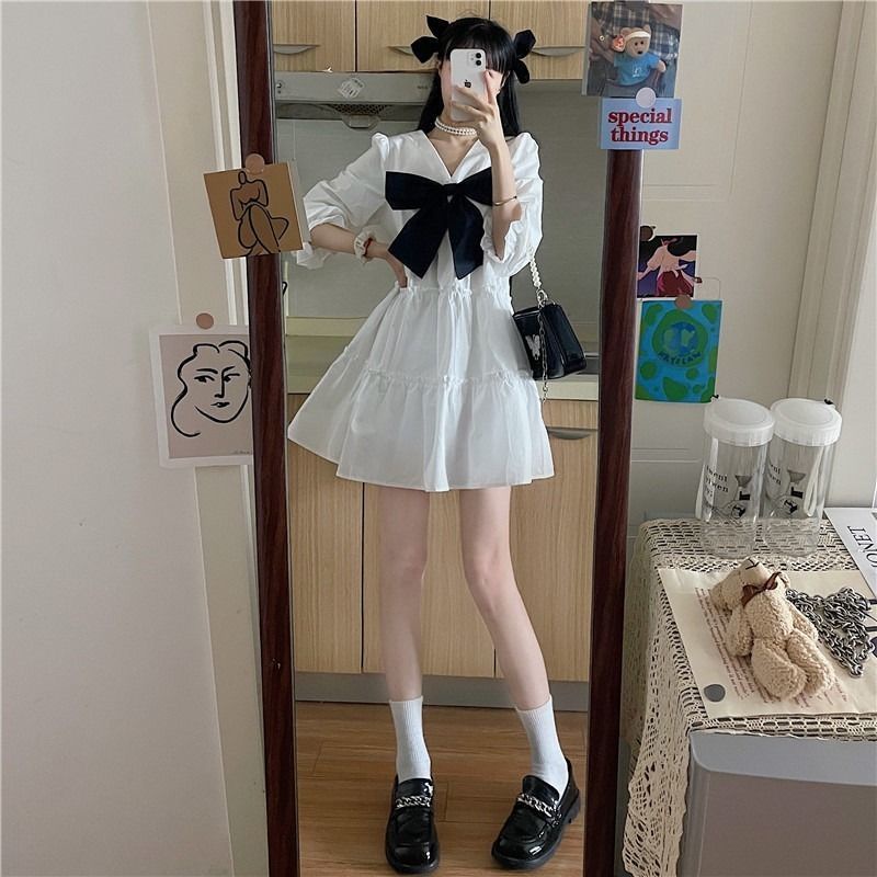 Đầm Perty màu trắng thắt nơ tay phồng phong cách Hàn Quốc thời trang mùa hè mới