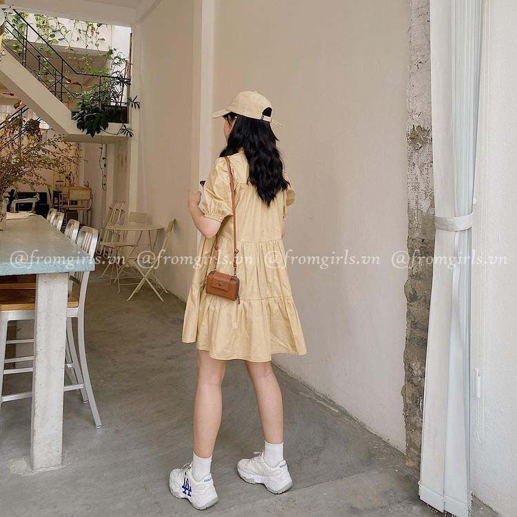 Váy babydoll sơ mi ba tầng, đầm sơ mi babydoll xòe tay phồng có cổ - V18G BROWN