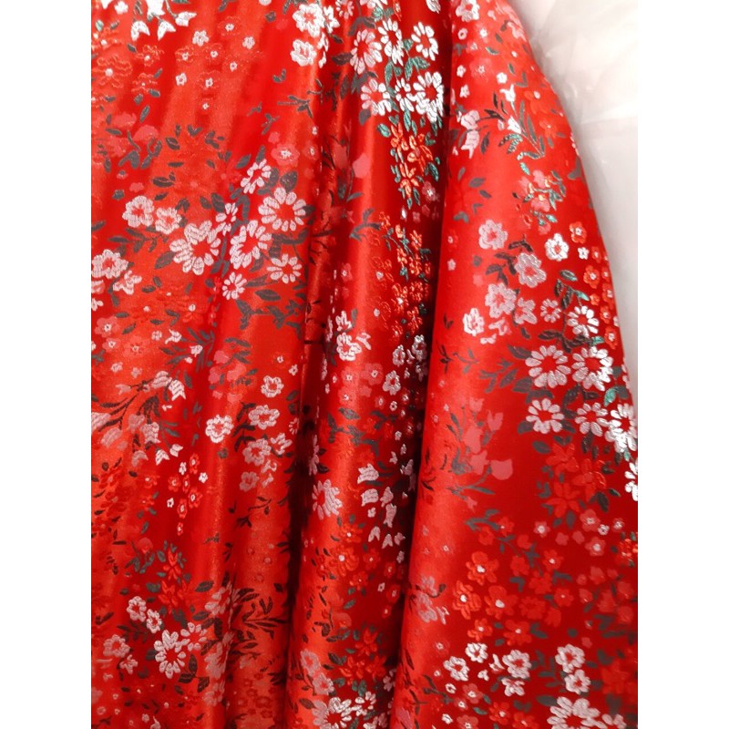 vải gấm hoa đỏ cao cấp may hanbok và áo dài