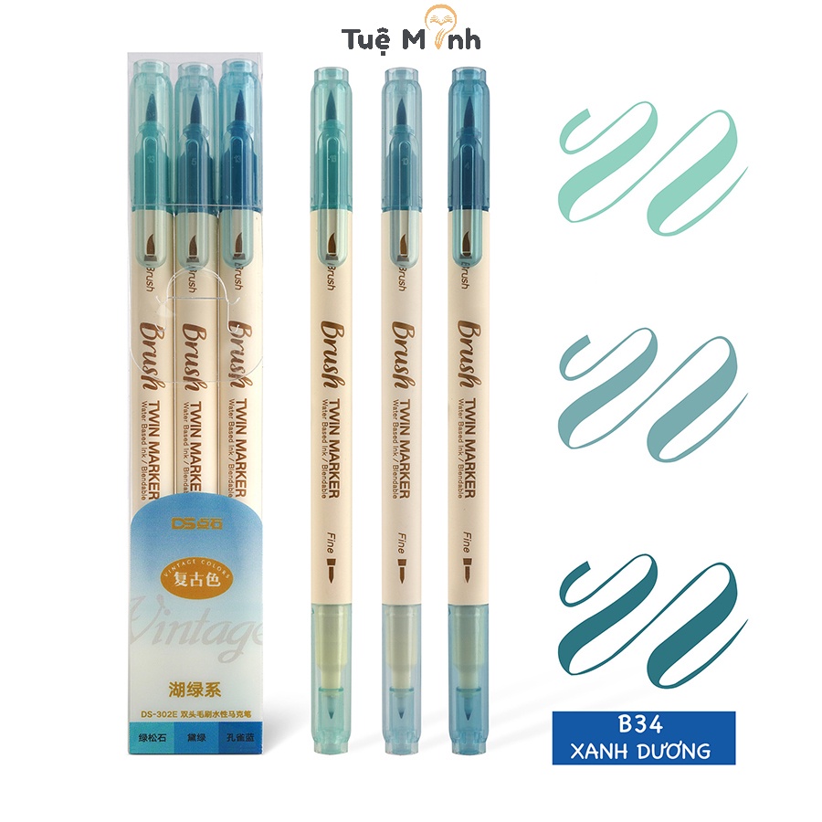 Bộ 3 bút brush 2 đầu Twin Marker B34 ngòi lông + ngòi fine trang trí bullet journal