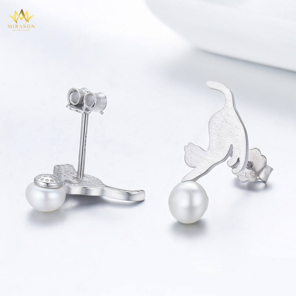 Khuyên Tai Bạc Nữ MIRASON Mèo Chơi Đùa Cùng Hạt Trai Nhân Tạo Dễ Thương MBT134 - Bông Tai Nữ Bạc 925 Cao Cấp