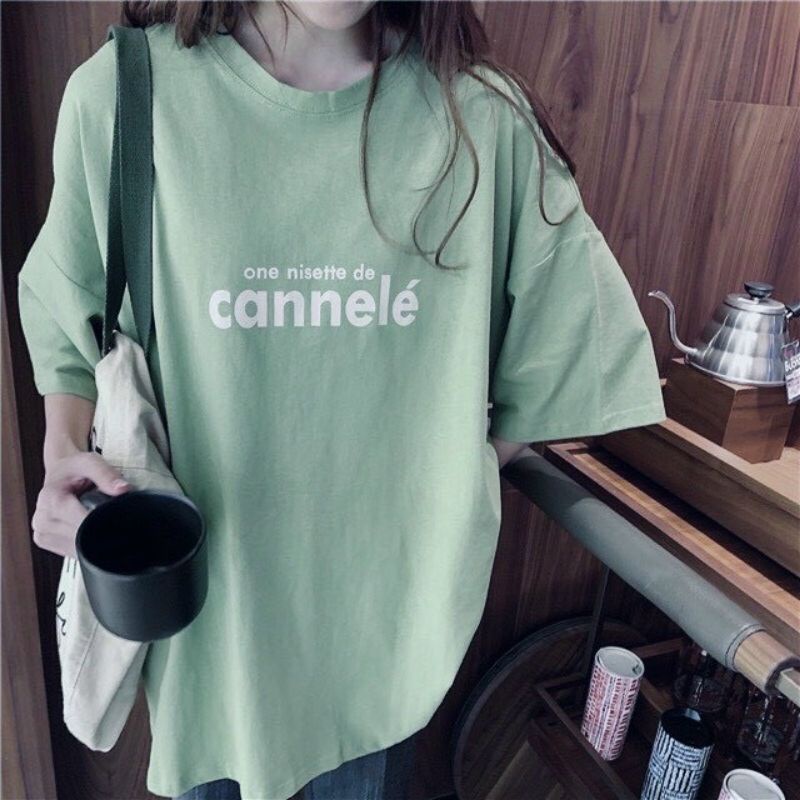 Áo Thun Tay LỡIn Chữ Cannele Màu Xanh Bơ Form Rộng Dáng Unisex Basic Dành cho Nam Nữ