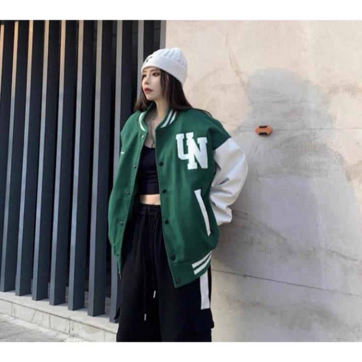 Áo bomber form rộng phối tay da màu xanh lá chất dạ ép unisex nam nữ MB