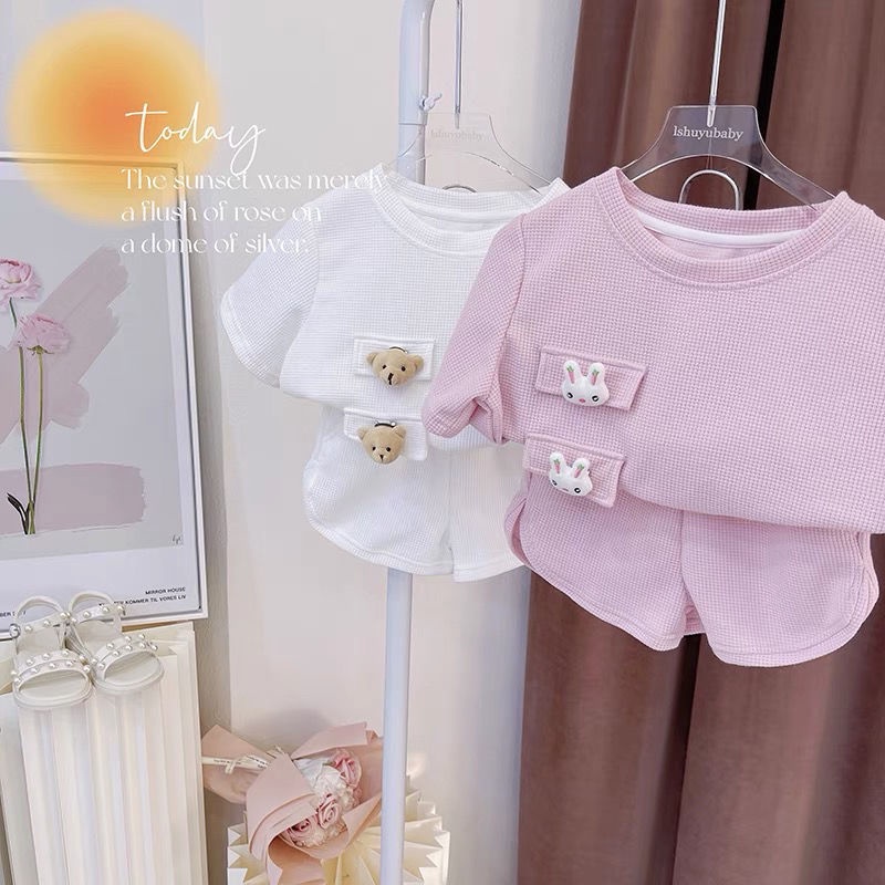 Set Đồ Mùa Hè 2 Món Tay Ngắn Màu Hồng Phong Cách Hàn Quốc Mới Cho Bé Gái 0-7 Tuổi