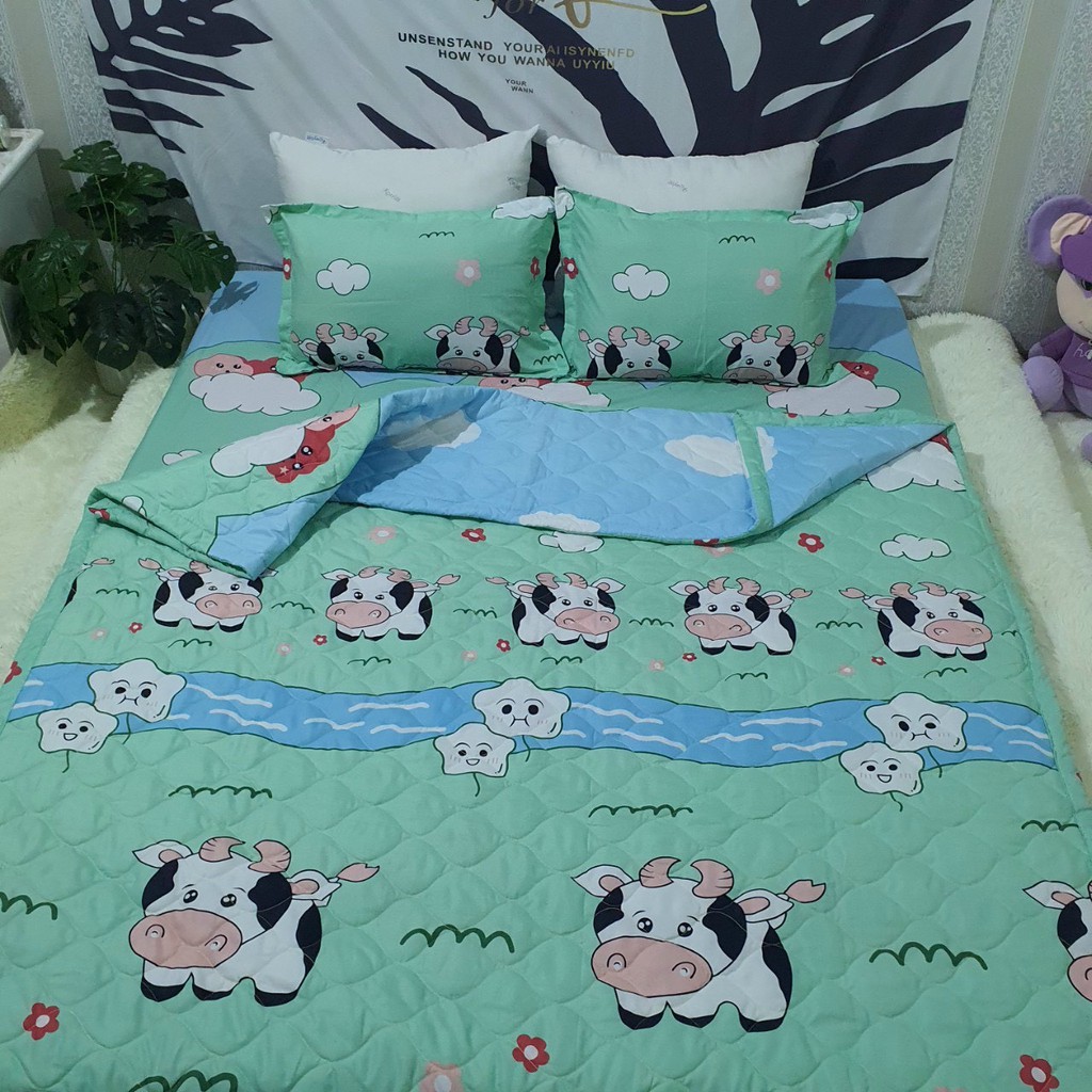 Trọn Bộ 4 Món Chăn Ga Gối Trải Giường Poly Cotton Mẫu BÒ SỮA XANH LÁ (đủ cỡ giường)