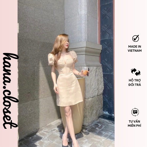Đầm dự tiệc váy nữ đi tiệc cổ vuông chẻ ngực ôm body sang chảnh màu nude tôn da tôn dáng