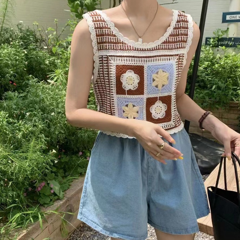 Áo Croptop Dệt Kim Sát Nách Thêu Họa Tiết Hoa Màu Sắc Tương Phản Thời Trang Mùa Hè Cho Nữ