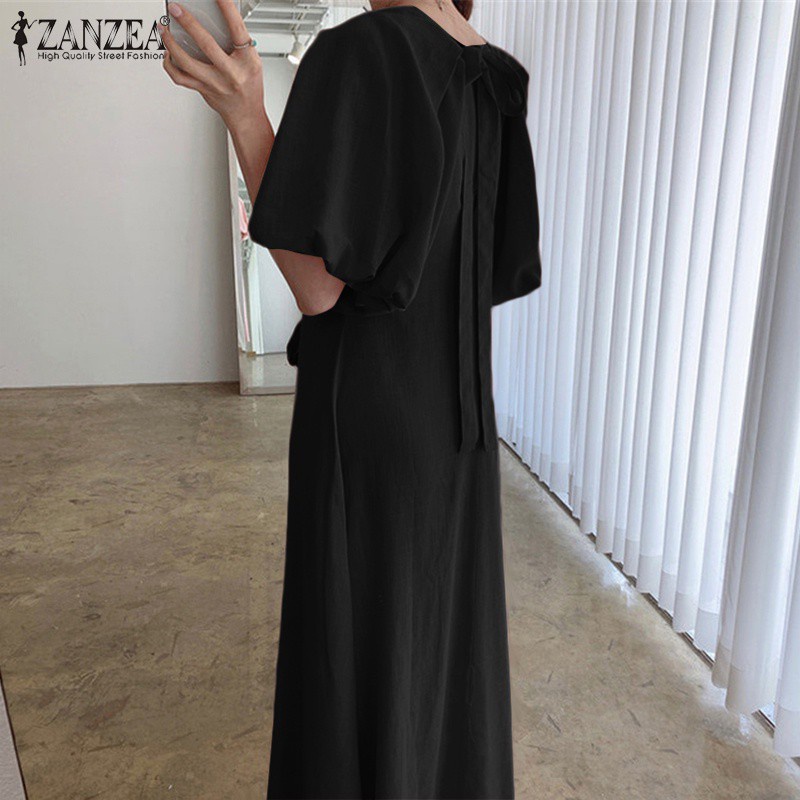 Đầm nữ ZANZEA dài cổ chữ V tay phồng màu trơn thiết kế dây buộc sau lưng thanh lịch