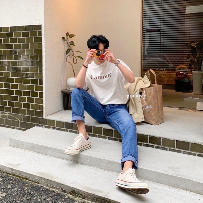 RYAN Áo thun Lamour ngắn tay vải cotton cổ bo tròn thương hiệu RYAN form rộng phong cách Hàn Quốc