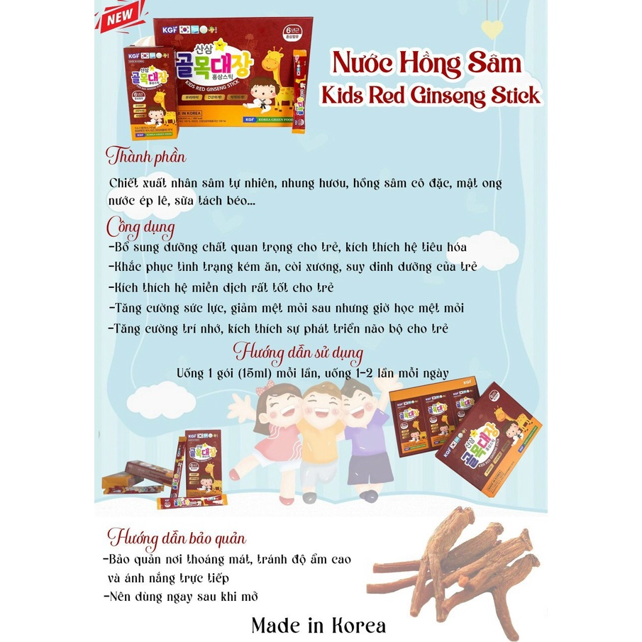 Nước Hồng Sâm Kids Red Ginseng Stick Hàn Quốc Cho Bé Hộp 30 Gói x 15ml