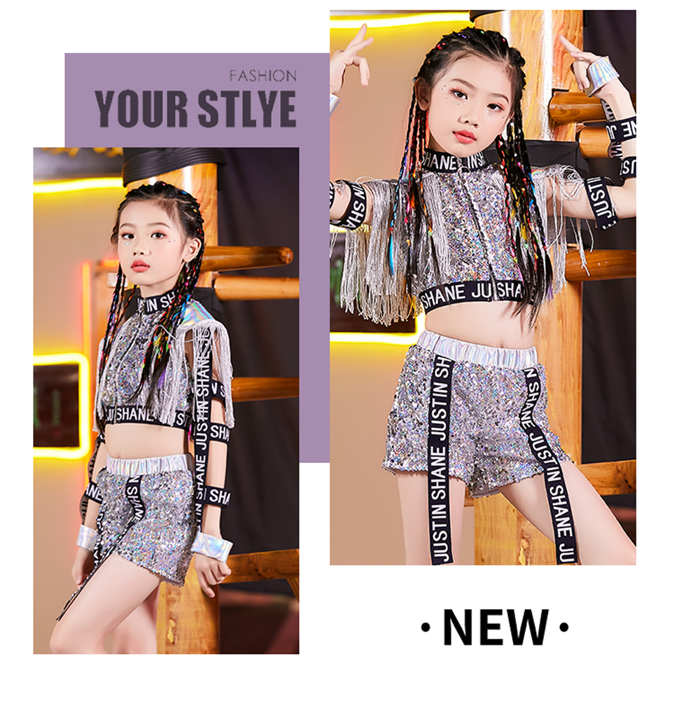 Kids Girls Sequins Jazz Dance Costume Korean Hip Hop Clothing  Streetwear Crop Tops Shorts Set Stage Performance Wear