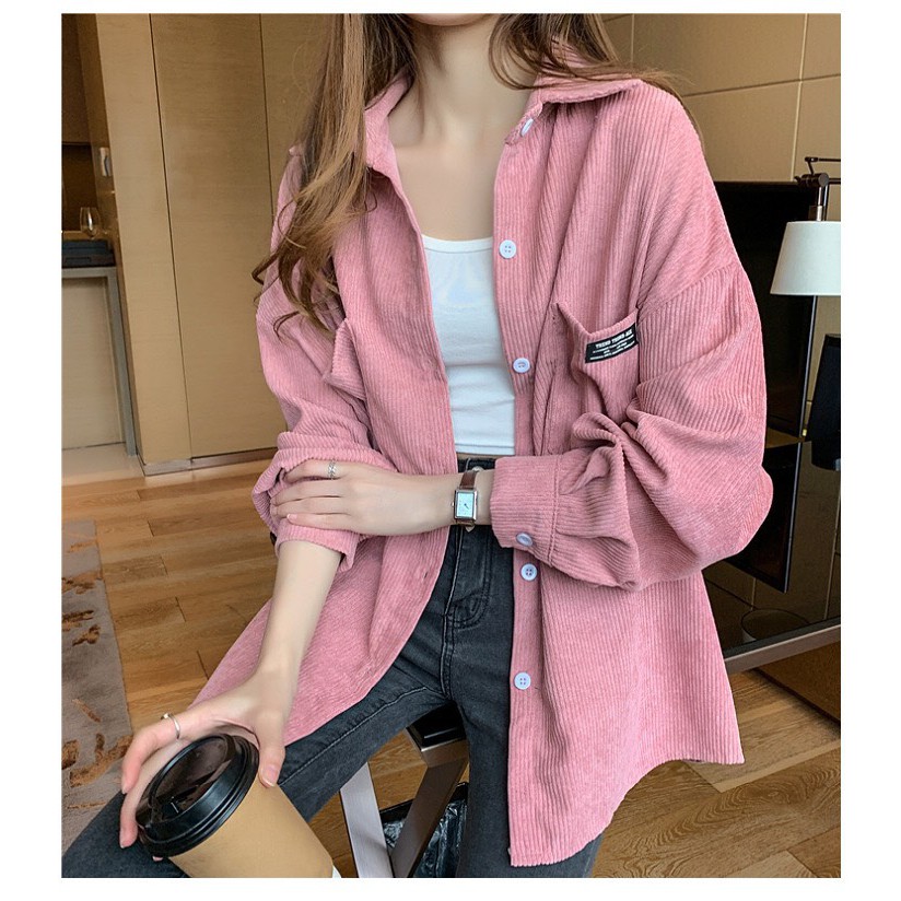 Áo Sơ Mi Nhung Gân Ulzzang Hàn Quốc Dáng Form Rộng Unisex Nam Nữ Ulzzang | WebRaoVat - webraovat.net.vn