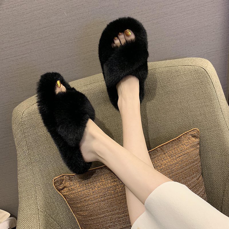 Dép lông quai ngang Cotton Lông Thỏ Quai Chéo Phong Cách Hàn Quốc Thời Trang Thu Đông Hàng Mới 2022 Dành Cho Bạn Nữ Mang Ngoài Trời