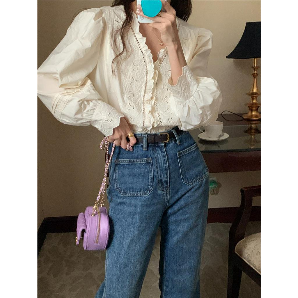 Áo Sơ Mi Dài Tay Cổ Chữ V Thêu Họa Tiết Cổ Điển 56437