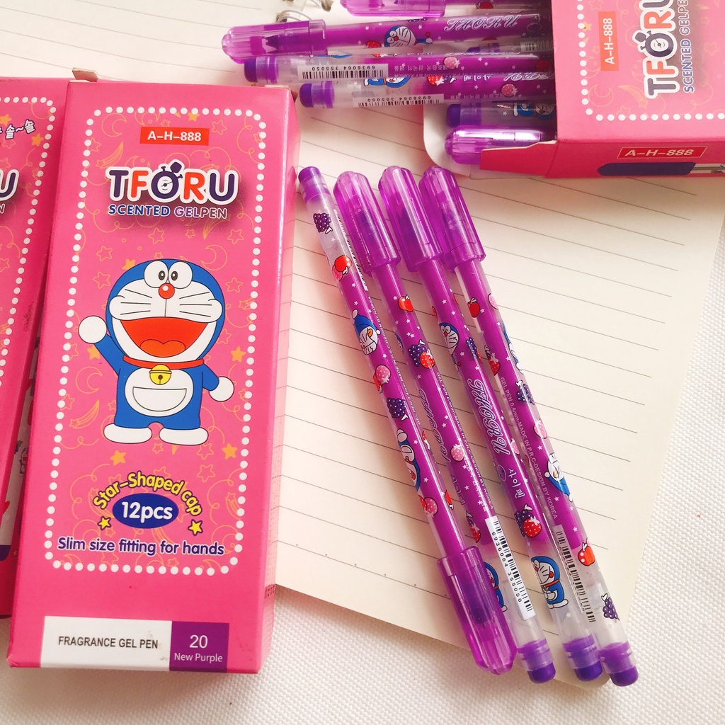 Hộp 12 cây bút mực tím Tforu Doreamon, bút gel nho thơm ngòi 0.38mm viết êm, mực đều