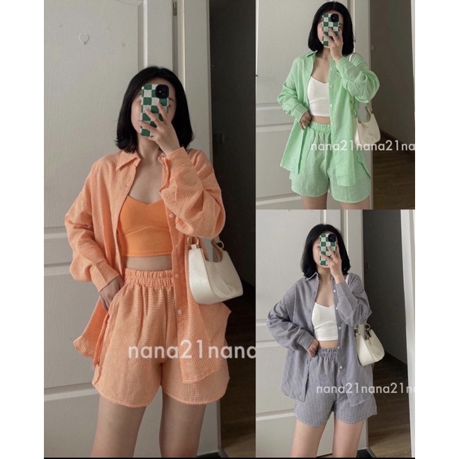 Set 3 món gồm áo quần sơ mi kẻ kèm áo dây