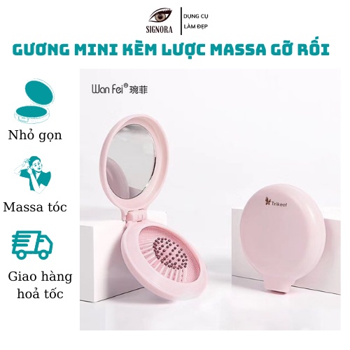 Gương tròn mini gấp gọn kèm lược chải thẳng gỡ rối, hàng chính hãng thẫm mỹ cao
