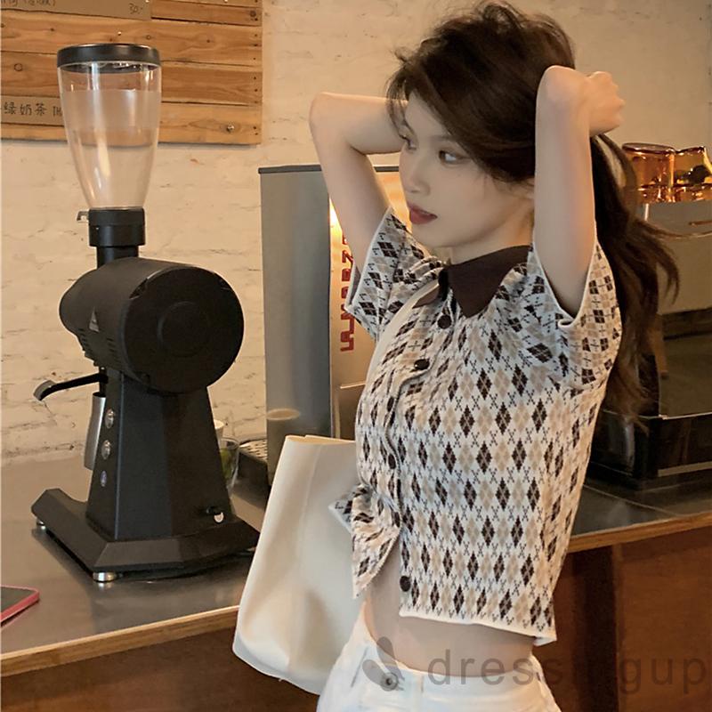 Áo Thun Ngắn Tay Cổ Bẻ Màu Sắc Tương Phản Thời Trang Mùa Hè Cho Nữ