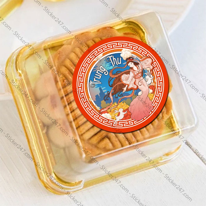 Tem Trung Thu Vintage Chị Hằng Nga 𝑭𝒓𝒆𝒆𝒔𝒉𝒊𝒑 Decal Dán Tem Bánh Trung Thu -  Sticker Chống Nước, Cắt Sẵn