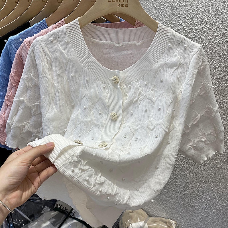 Áo Cardigan Ngắn Tay Dáng Rộng Vải Lụa Mát Đính Hạt Thời Trang  tao bao