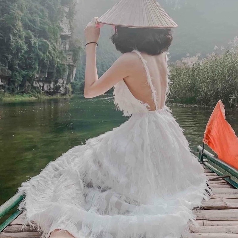 Đầm maxi lông vũ trắng