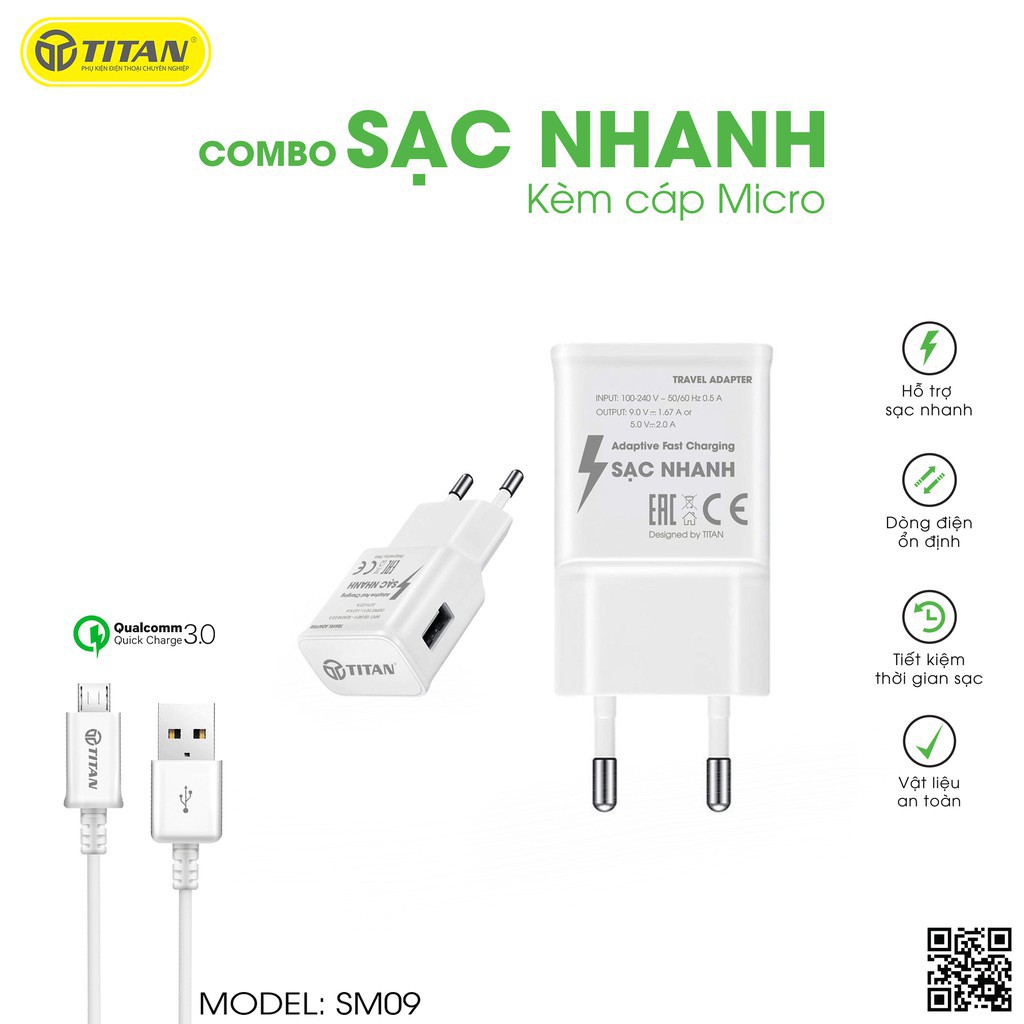 Combo Sạc Nhanh Qualcom 3.0 Cáp Micro Titan SM09 - BH 12 tháng