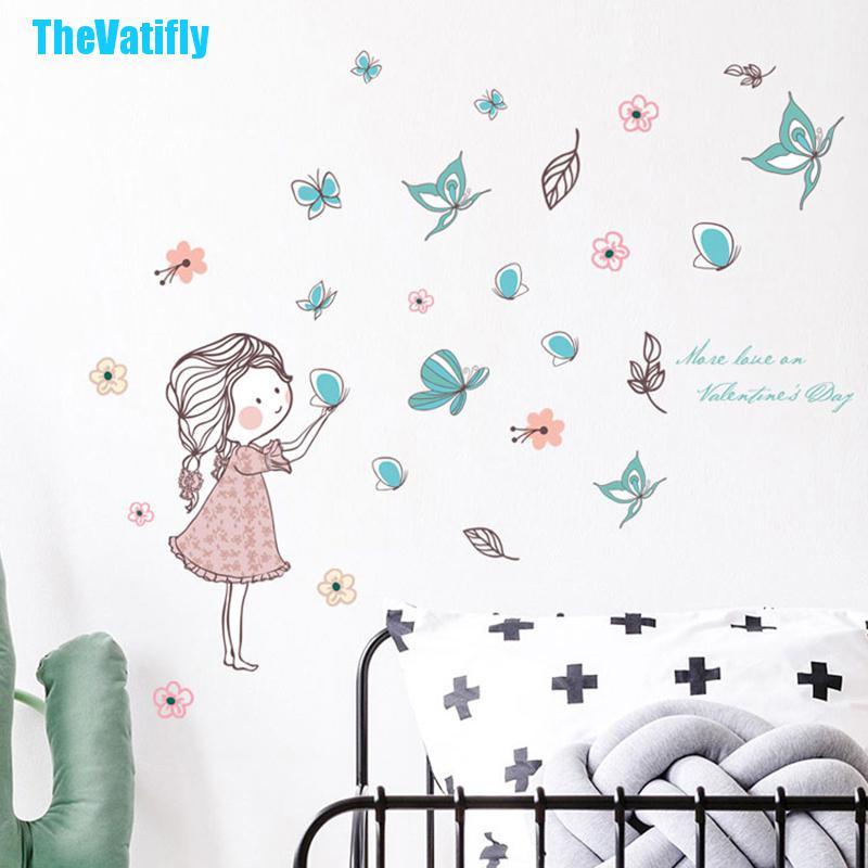Decal dán tường Họa Tiết Cô Gái Và Bướm Hoạt Hình Dùng Trang Trí Phòng