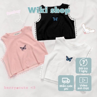 Áo croptop ôm 3 lỗ phông thun họa tiết thêu bướm sẵn 3 màu A00124