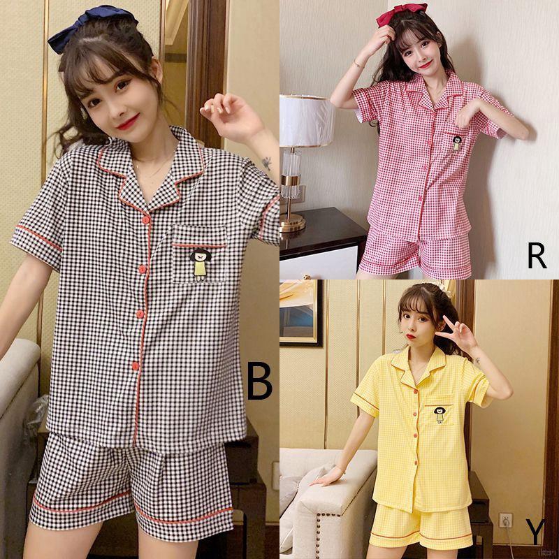 Bộ đồ ngủ ngắn tay họa tiết sọc caro xinh xắn cho nữ