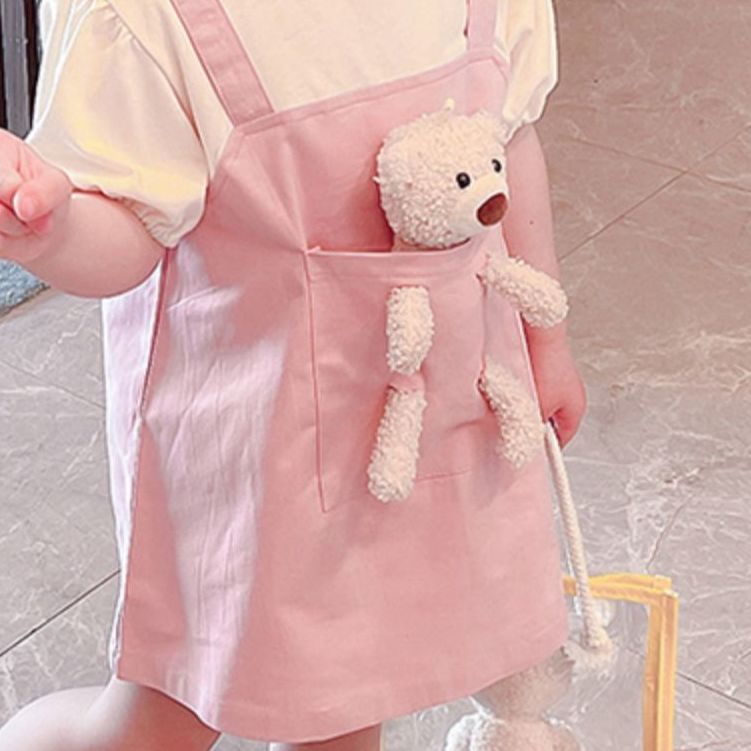 Bộ Áo Thun In Hình Gấu Kèm Váy Yếm Dễ Thương Thời Trang Mùa Hè Cho Bé Gái