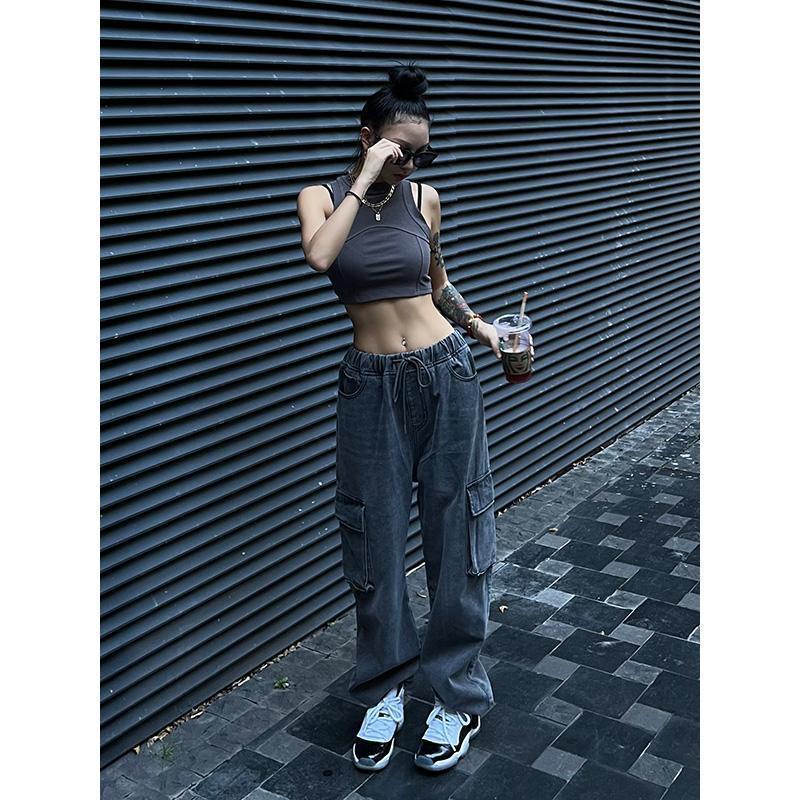 ♈♧Quần Yếm Jean Lưng Cao Ống Rộng Màu Xám Phong Cách Hip Hop Thời Trang Mùa Thu Mới Cá Tính Cho Nữ