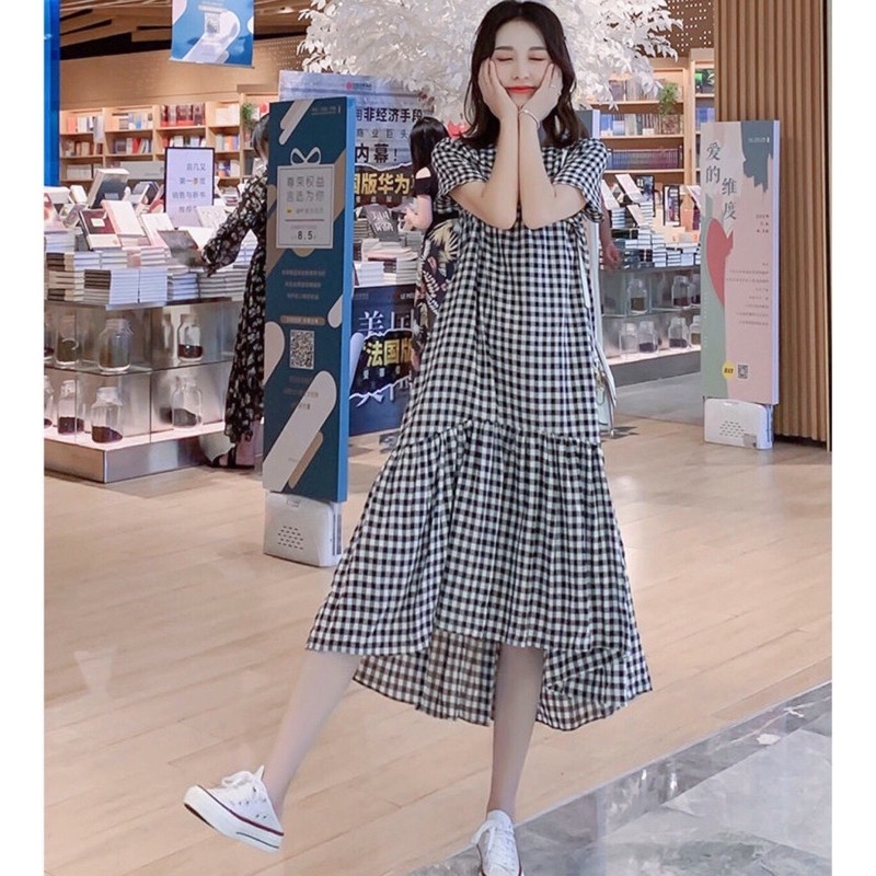 Đầm váy caro đuôi cá lệch tà