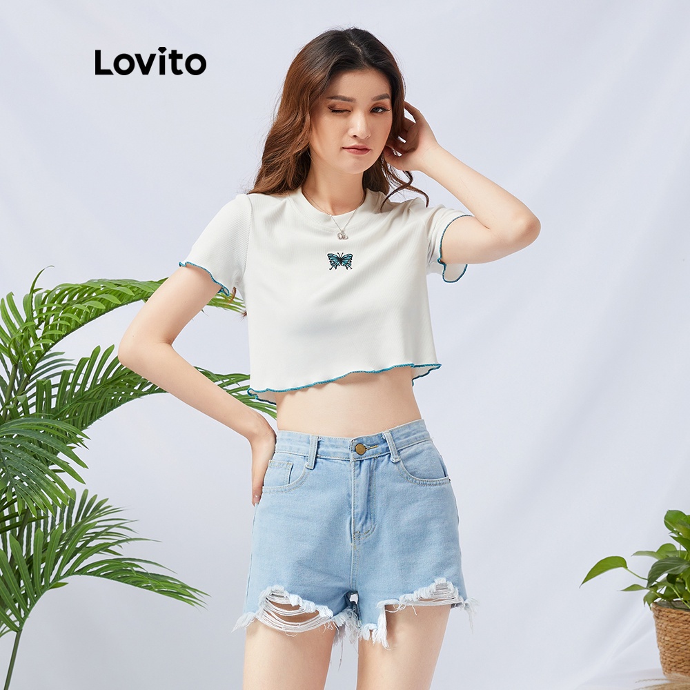 Áo thun Lovito cổ tròn in hình bướm thời trang phong cách thường ngày L11D09 (Màu trắng) | BigBuy360 - bigbuy360.vn