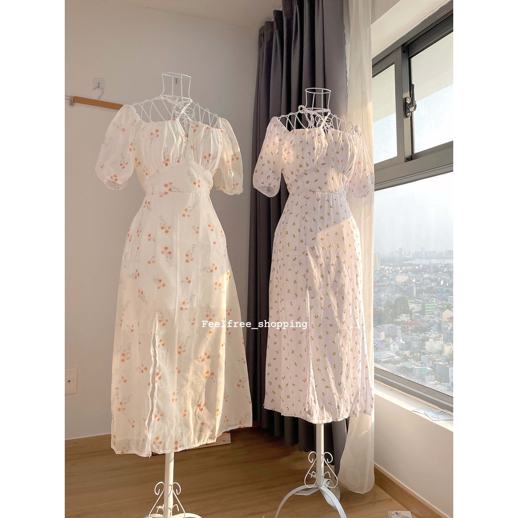Đầm Hoa Nhí Cổ Vuông Tay Phồng Hai Lớp Mặc Đi Tiệc, Đi Chơi, Kỷ Yếu  D021