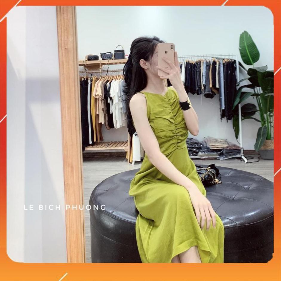 Váy Thiết Kế, Đầm Thiết Kế Cổ Yếm Xanh Chuối Chất Lụa Tằm Dúm Ngực Siêu Sang | BigBuy360 - bigbuy360.vn