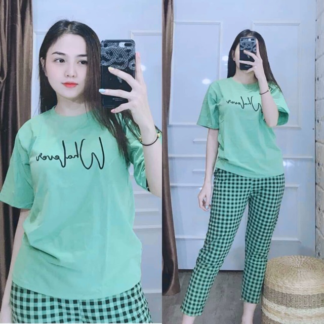 Đồ bộ nữ cotton quần caro áo thiêu chữ thoáng mát