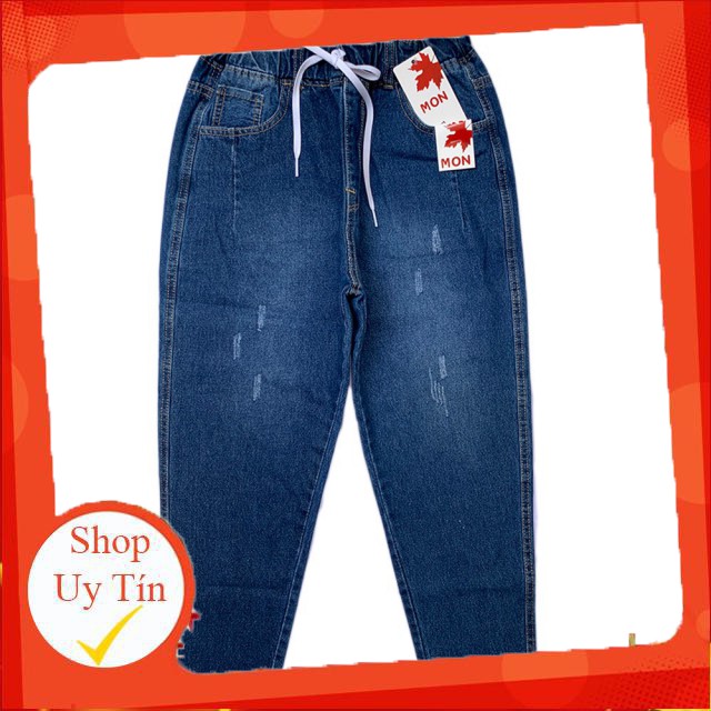 Quần jean baggy quần bò cạp cao lưng thun chất cotton không co dãn màu xanh rách