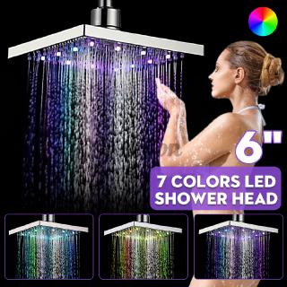 6''Square Chrome Rain Bathroom Shower Head 7 Color LED Changing Water Glow Light