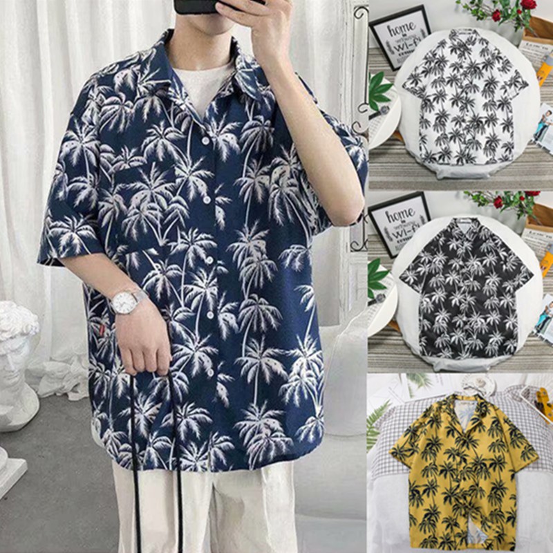 Áo Sơ Mi Tay Ngắn Dáng Rộng In Họa Tiết Cây Dừa Kiểu Hàn Quốc Thời Trang Cho Nam